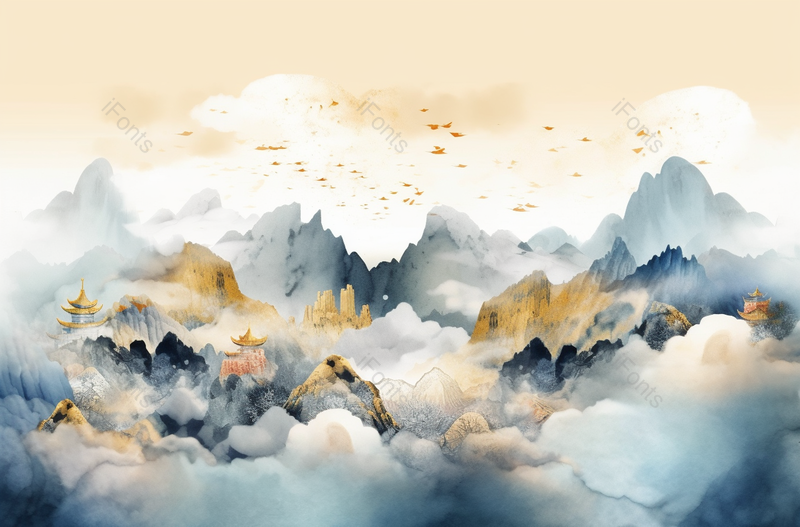 手绘中国风意境金色抽象山水风景画,插画/手绘图,插画/手绘图库,插画/手绘图下载,插画/手绘